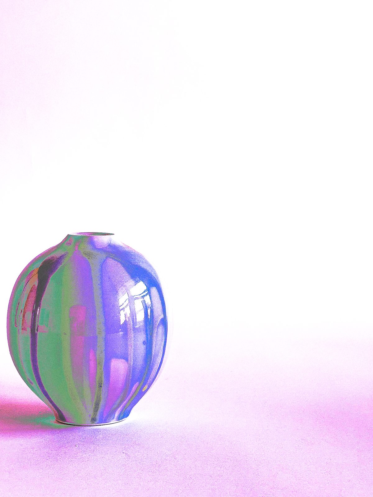 Print: violet and green moon jar at the lower left of a pale pink field
