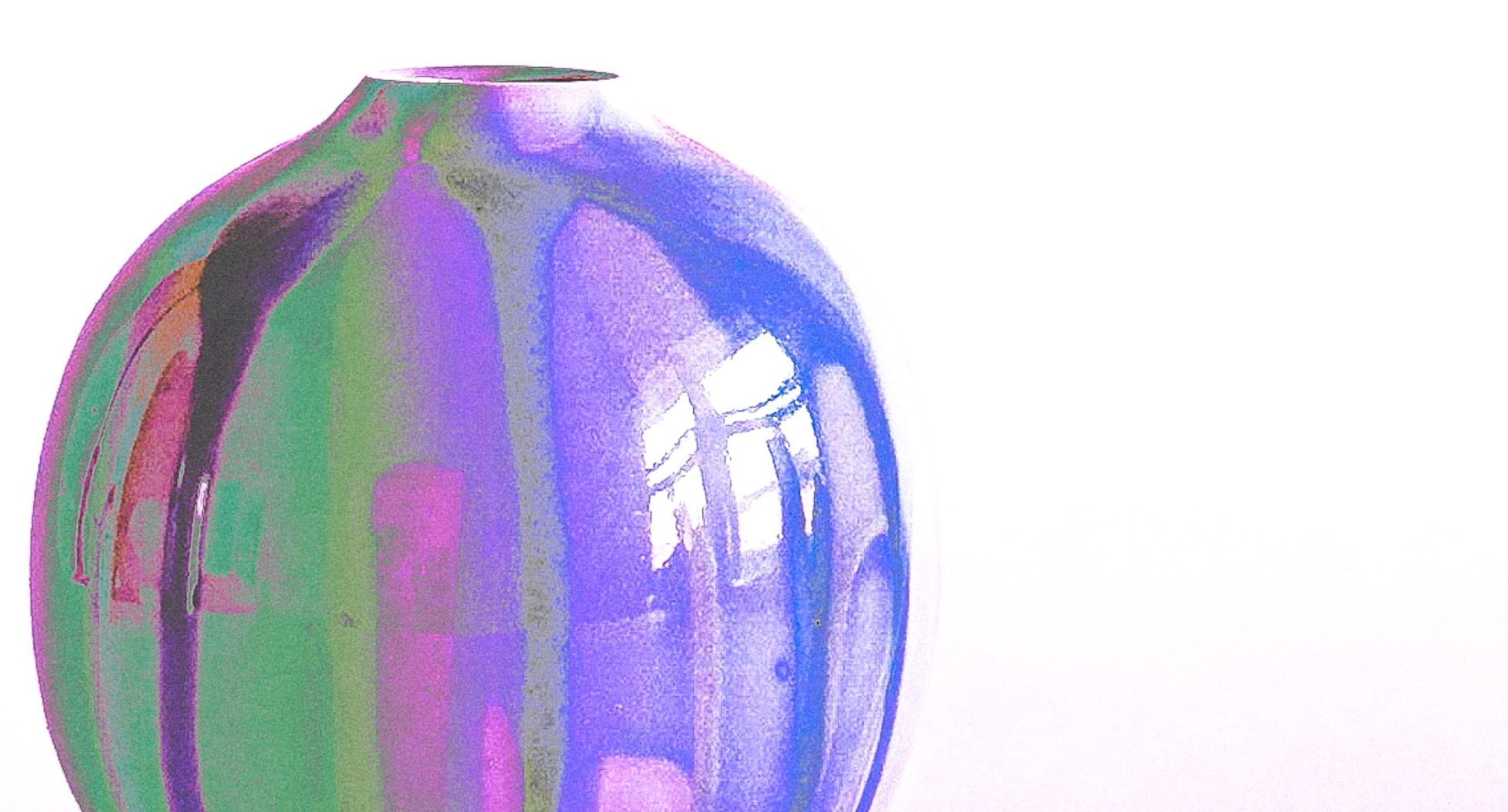Print: close crop of a violet and green moon jar on white
